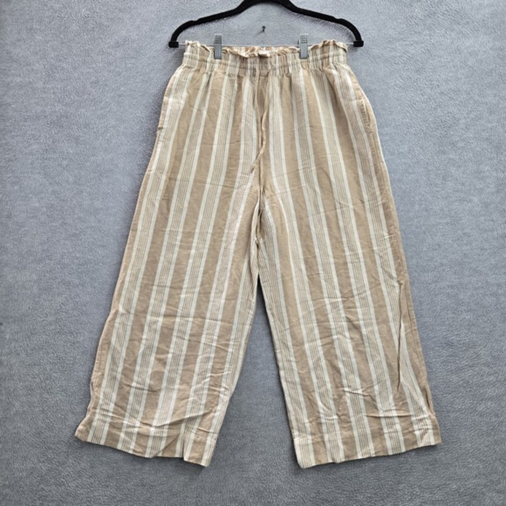 Madewell Women Pants S Tan Linen Viscose Striped Cropped Wide-Leg Relaxed 22.5"